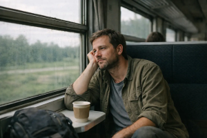 Traveler sitting by a train window, illustrating designing a trip around energy, not attractions through sustainable pacing and low-friction movement