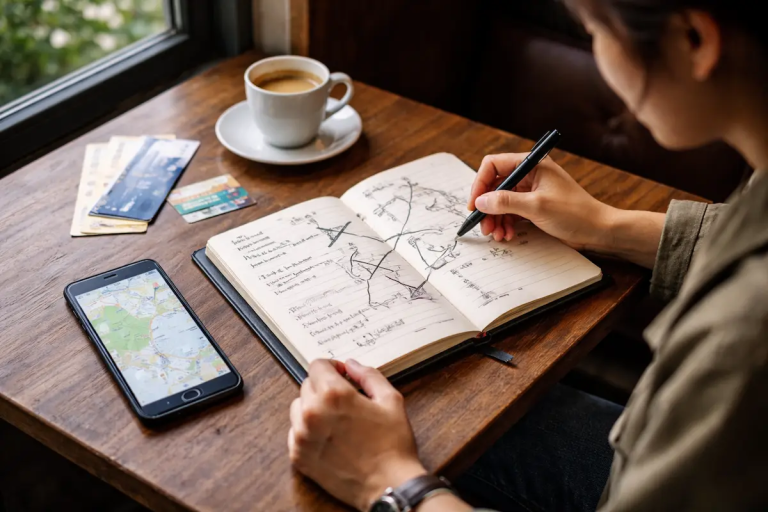 Traveler revising a route plan at a café table, showing how to fix my travel itinerary without rebuilding the whole trip