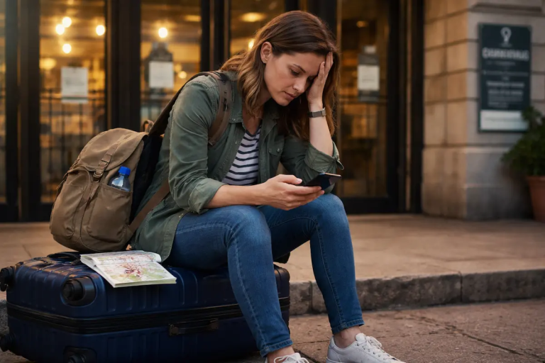 Tired traveler sitting on a suitcase outside a closed attraction, showing how overplanning travel itinerary decisions can cause a Day 4 collapse