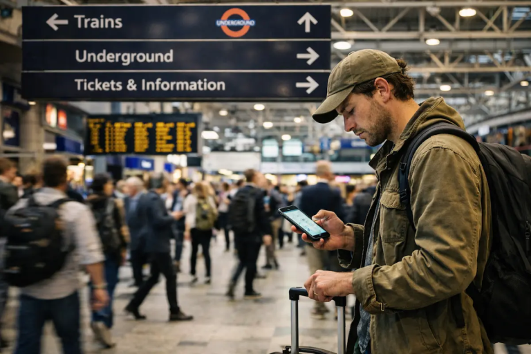 Traveler checking directions in a busy train station, illustrating how to plan a trip itinerary while managing transitions, navigation, and decision load.