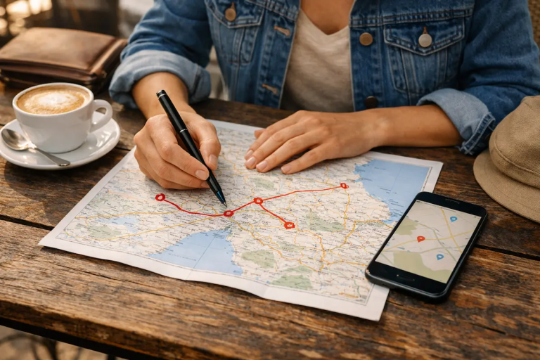 Traveler drawing a route on a paper map at a café table, showing how to plan a trip itinerary with route logic, pacing, and realistic transitions