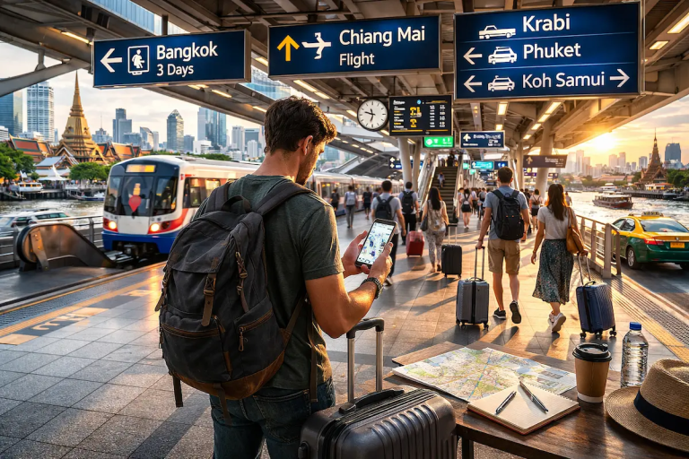 Thailand 10 day itinerary planning scene in a Bangkok transit station with traveler checking a phone map and route signage