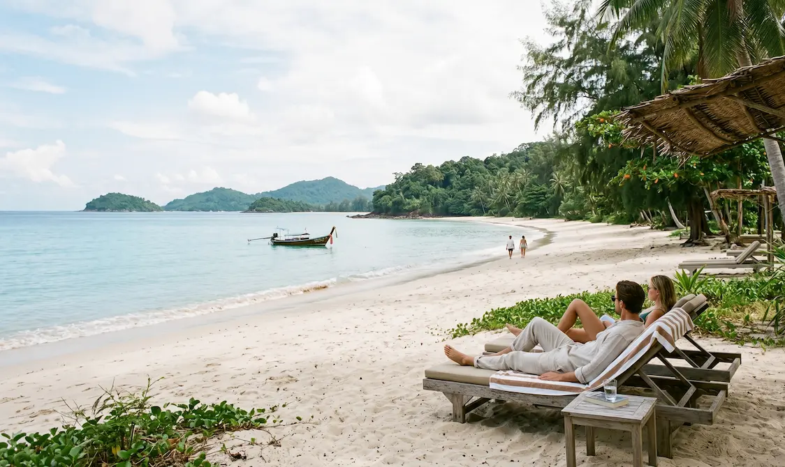 Couple relaxing on loungers at quiet Phuket beach for a 14-day long stay holiday package