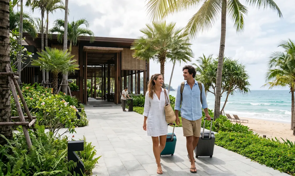 Couple arriving at beachfront Phuket resort with luggage for a short 3-day getaway holiday