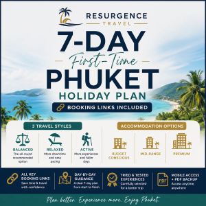 Product tile for 7-Day First-Time Phuket Holiday Plan by Resurgence Travel showing a Phuket beach scene with couple walking on sand, booking links included, hotel options and travel guidance.