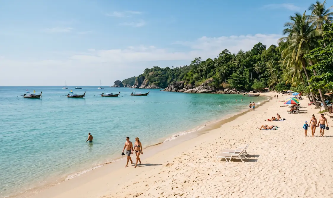 Beautiful Phuket beach with swimmers, boats and tropical shoreline for a 7-day holiday package
