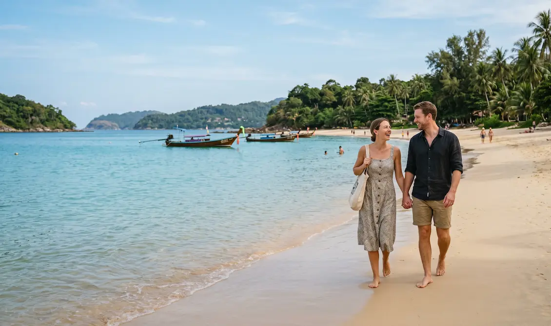 Couple walking barefoot along a peaceful Phuket beach at sunset, enjoying a relaxed tropical escape as part of a Couples Phuket Holiday package.