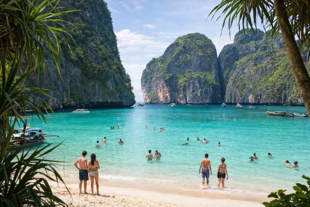 travellers arriving at a Phuket island tour beach with people swimming in clear water and limestone cliffs in the background