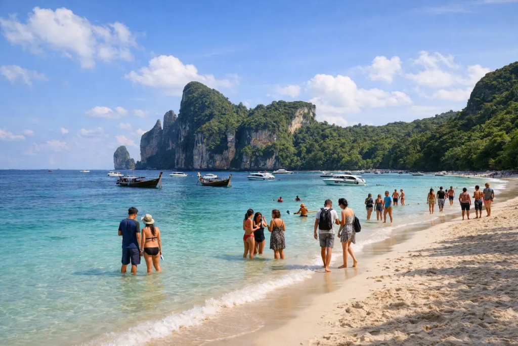 Phuket 7 day itinerary beach scene at Phi Phi Islands with travellers, boats and limestone cliffs