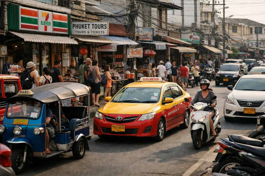 Busy Phuket street with taxis, tuk-tuks, scooters, and travellers moving through a local area