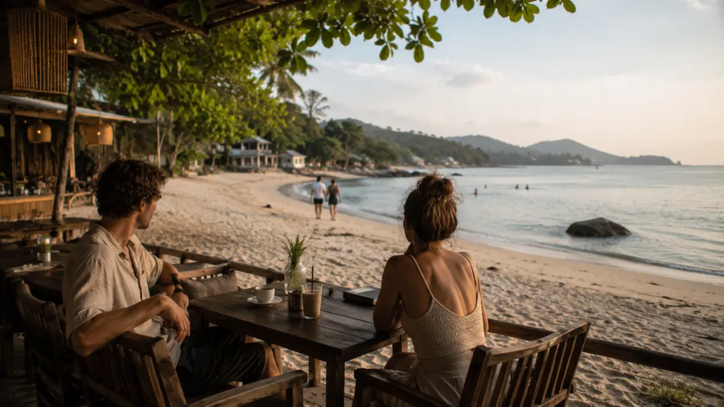 Travelers enjoying a calm beachfront café during a well-paced trip while deciding how many days in Phuket feels right for their holiday style
