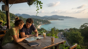 Travelers planning a balanced Phuket holiday at a tropical hillside café overlooking the coastline in Phuket, Thailand