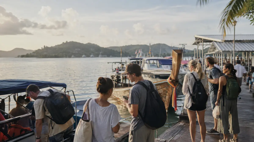 Calm Phuket island tour departure atmosphere showing relaxed traveler pacing at marina