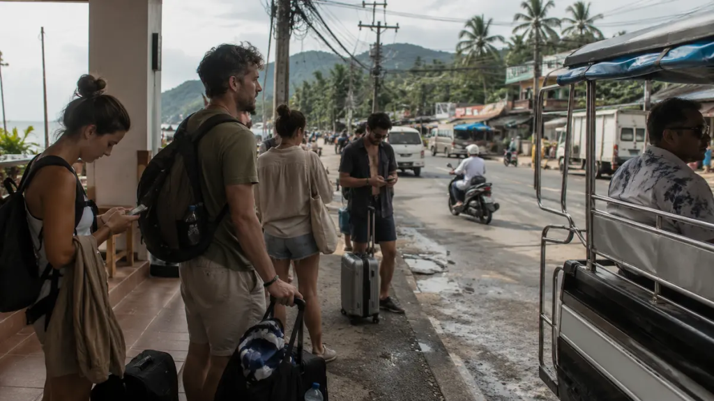 Travelers waiting for transport during a humid Phuket travel day with luggage and roadside movement in Thailand
