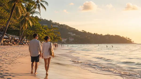 Couple walking along Kata Beach at sunset during a Couples Phuket Holiday with tropical coastline and calm ocean views