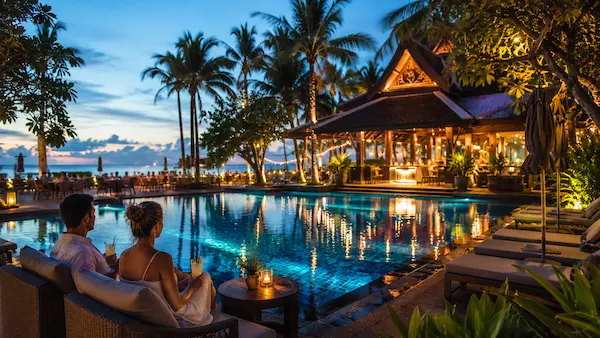 Couple relaxing beside a tropical Phuket resort pool at sunset during a Couples Phuket Holiday