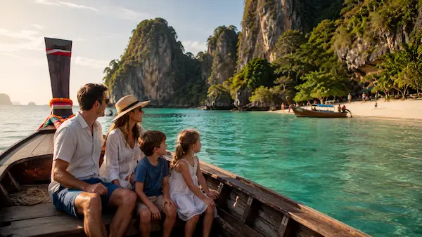 Family exploring tropical islands by traditional longtail boat during a 7-Day Family Phuket Holiday in Thailand
