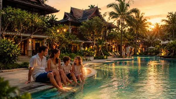 Family relaxing beside a tropical Phuket resort pool during a 7-Day Family Phuket Holiday with warm evening atmosphere