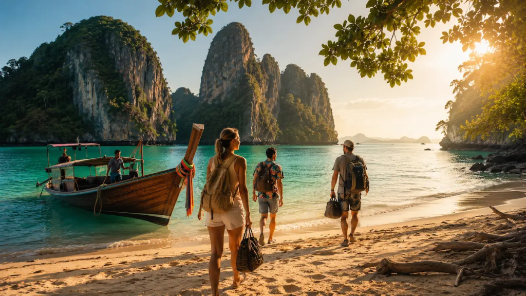 First-time travellers arriving at a tropical Phuket island beach with a traditional longtail boat and limestone cliffs during a curated Phuket holiday package
