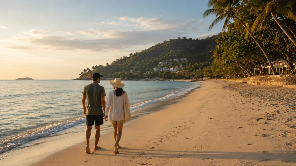 Couple enjoying a relaxed beach walk along the coastline in Phuket, Thailand