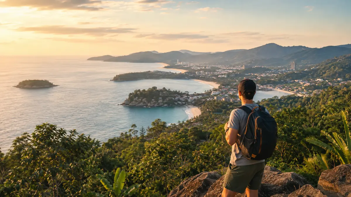 Traveller overlooking Phuket coastline from a scenic viewpoint while planning how many days do you need in Phuket for a first visit