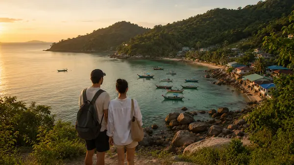 Travellers overlooking a quiet Phuket bay with local fishing boats and coastal scenery during a Phuket Beyond The Beaches holiday