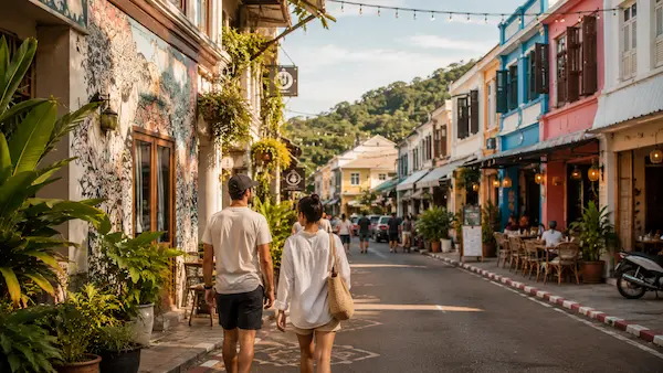 Travellers exploring a colourful local Phuket street with cafés, shops and everyday island atmosphere during a Phuket Beyond The Beaches holiday