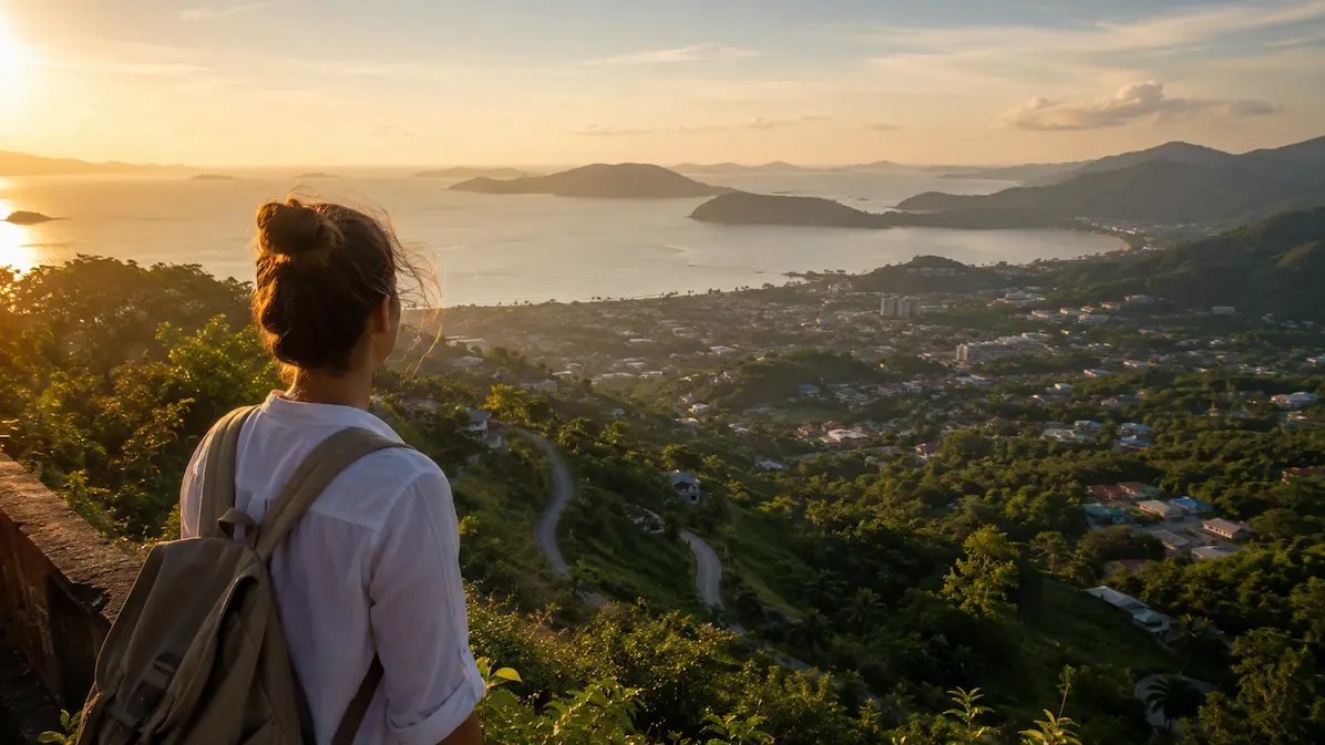 Traveller overlooking Phuket's coastline and local landscape from a scenic viewpoint during a Phuket Beyond The Beaches holiday
