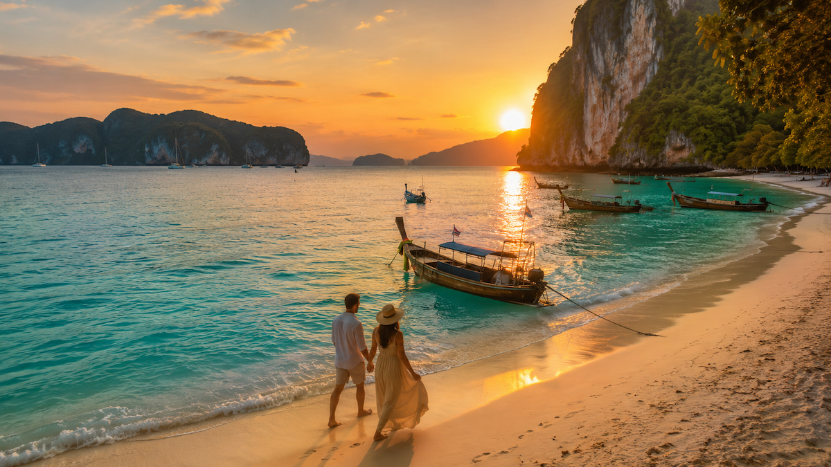 Couple walking along a tropical Phuket beach at sunset with longtail boats and limestone islands during a curated Phuket holiday package