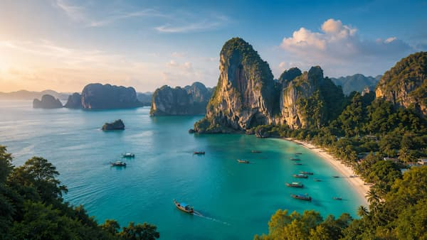 Elevated aerial view of tropical limestone islands and turquoise water near Phuket Thailand during warm sunset light, creating a calm first-time island holiday atmosphere.
