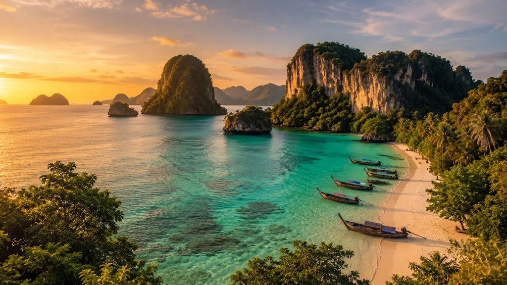 Tropical Phuket island bay with longtail boats, turquoise water and limestone cliffs during a Phuket Island Escapes holiday