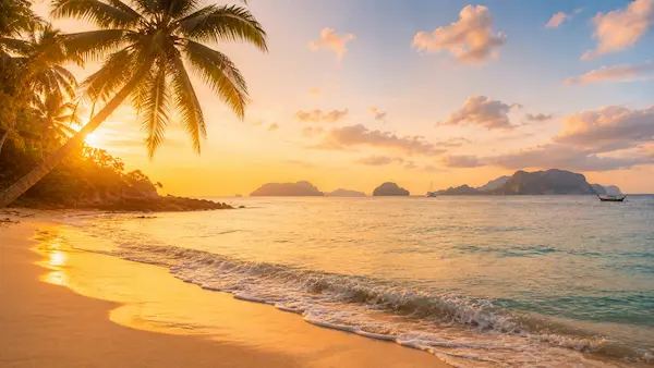 Tropical Phuket beach at sunset with palm trees and distant islands during a Phuket Island Escapes holiday