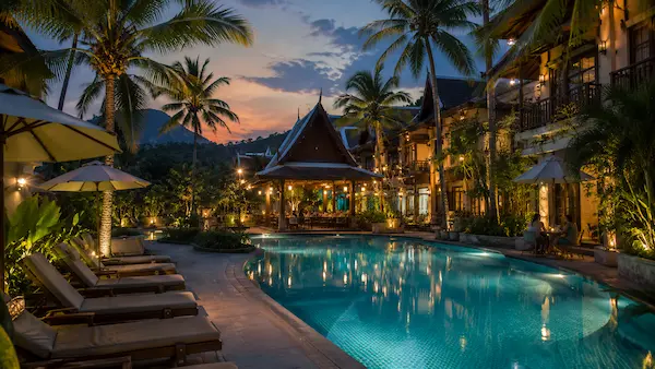 Warm tropical evening atmosphere at a mid-range Phuket resort with illuminated swimming pool, palm trees and relaxed outdoor seating surrounded by Thai-style architecture.