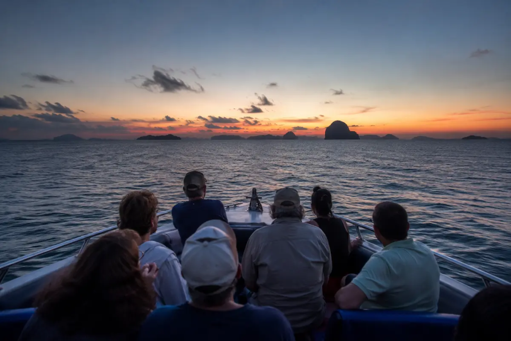 Travellers aboard a speedboat before sunrise during the Simba Phi Phi Sunrise Tour as the journey towards Phi Phi Islands begins.