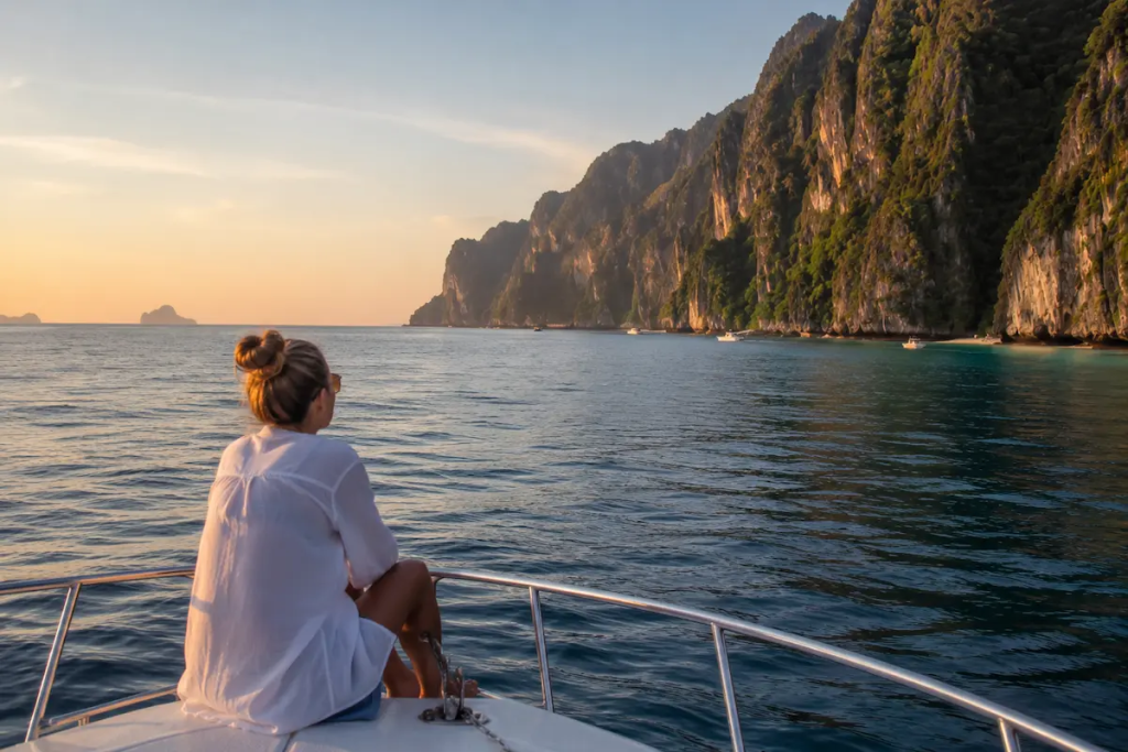 Traveller enjoying a quiet sunrise view of Phi Phi Islands during the Simba Phi Phi Sunrise Tour from Phuket.