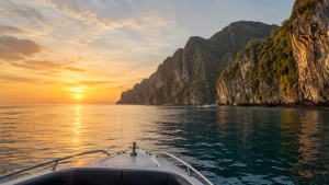 Speedboat approaching the limestone cliffs of Phi Phi Islands during sunrise on the Simba Phi Phi Sunrise Tour from Phuket.