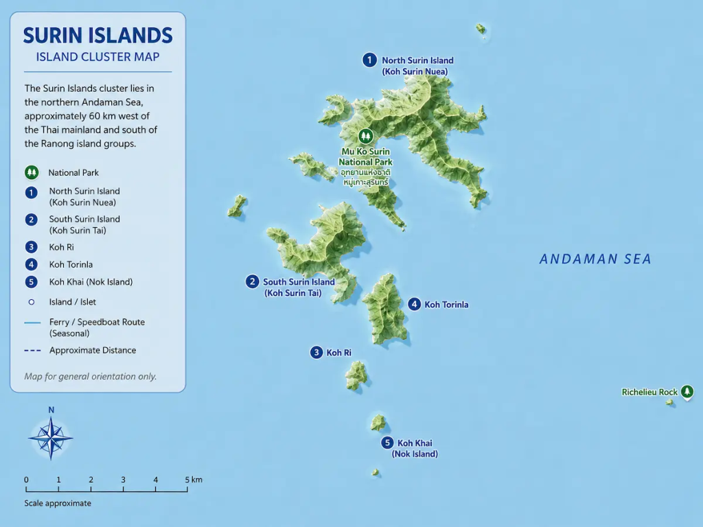 Map of the Surin Islands Thailand showing North Surin Island, South Surin Island, Koh Ri, Koh Torinla and Koh Khai within Mu Ko Surin National Park