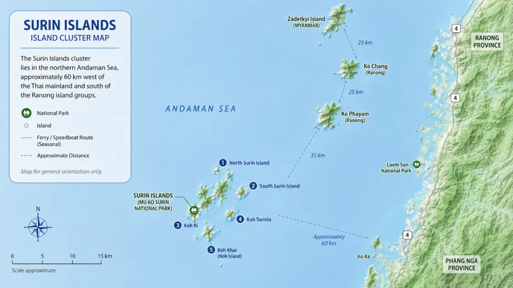 Location map showing the Surin Islands Thailand in the northern Andaman Sea between Phang Nga province and the Ranong island groups near Myanmar
